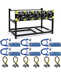 Mining Rig Frame, 6 GPU Steel Open Air Miner Mining Frame Rig Case for Crypto Coin Currency Bitcoin Mining Accessories Tools with 5 Fans,6 Packs PCI-E Riser Adapter Card(6V3C-6Adapter)